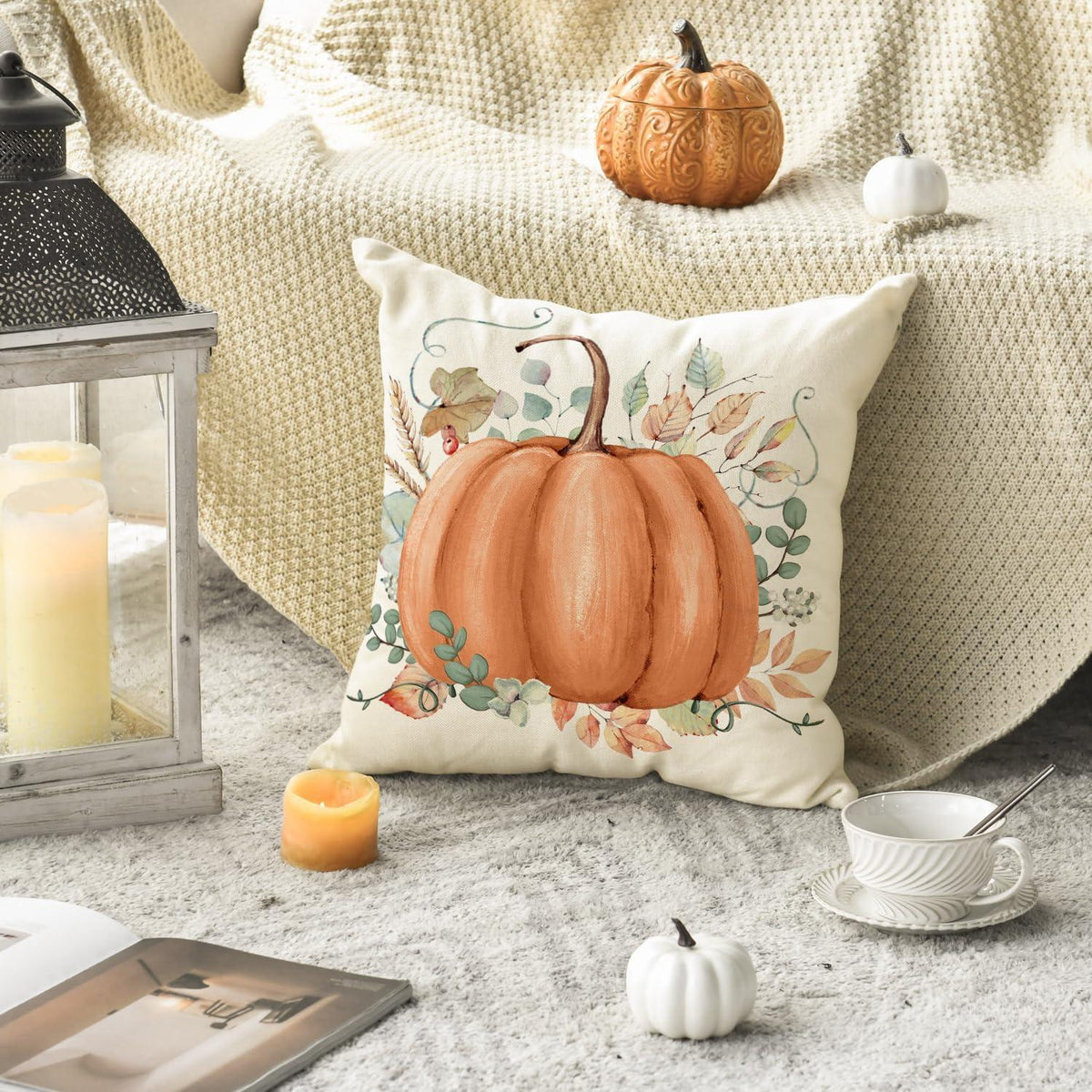 Herbst Kürbis Blatt Kissenbezug 2er Set 45x45 cm Orange