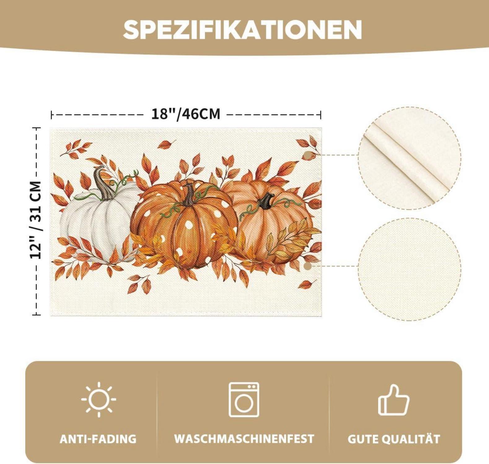 Herbst Orange Kürbisse Blätter Platzsets 4er Set 30x45cm - Artoid Mode