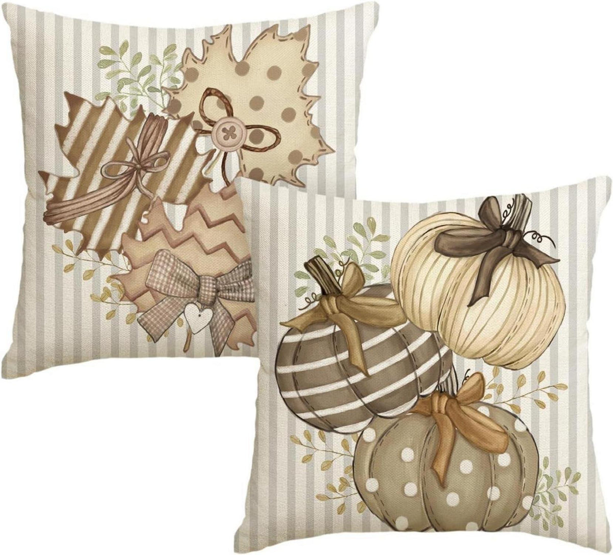 Herbst Kürbis Streifen Ahornblatt Kissenbezüge 2er Set 45x45cm