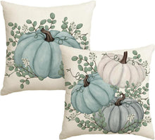 Kissenbezüge 2er Set Blau Herbst Deko 45x45 cm Eukalyptus Kürbisse