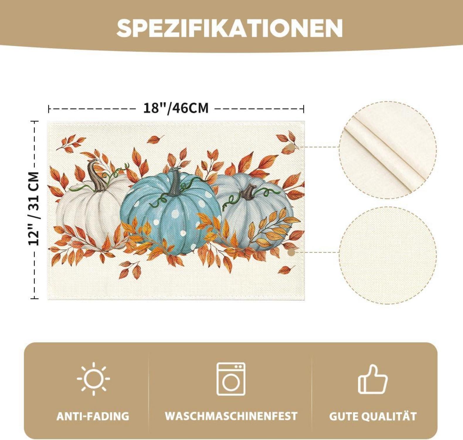 Artoid Mode Herbst Blaue Blätter Platzsets 6er Set 30x45cm - Party Deko