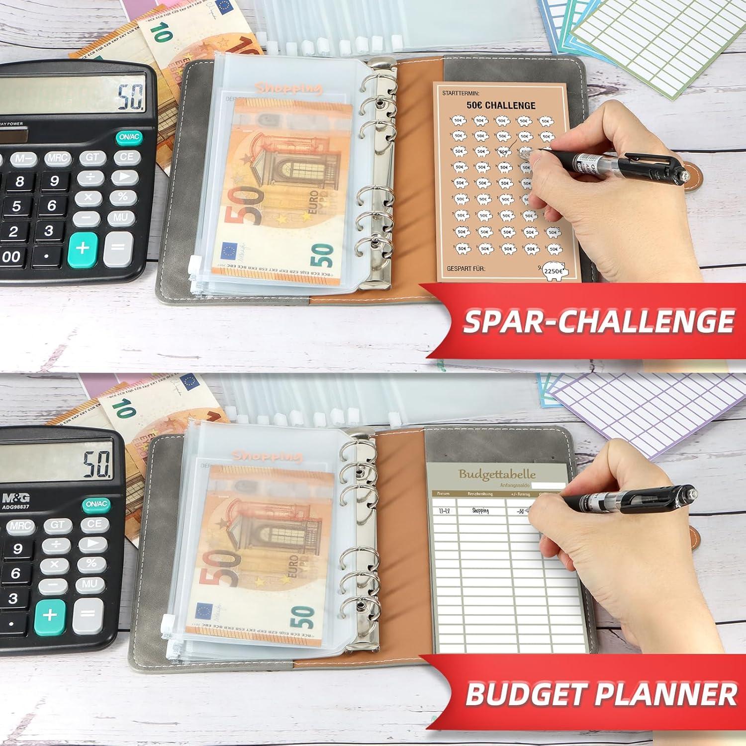 Budget Planner Startset mit 8 Sparchallenges - Geldsparbuch A6 - Hoher PVC-Qualität