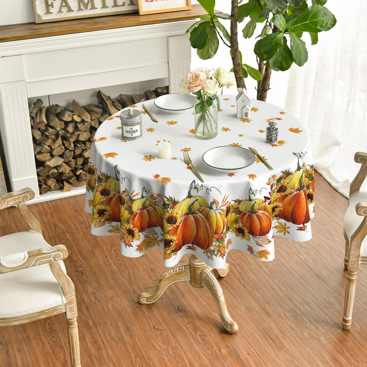Herbst Tischdecke Rund 120 cm Orange Sonnenblumen Ahornblätter