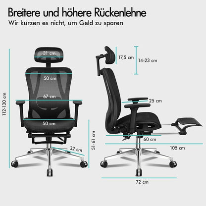 Ergonomischer Netz-Bürostuhl mit 3D-Armlehne und Fußstütze