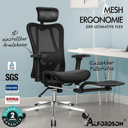 Ergonomischer Netz-Bürostuhl mit 3D-Armlehne und Fußstütze