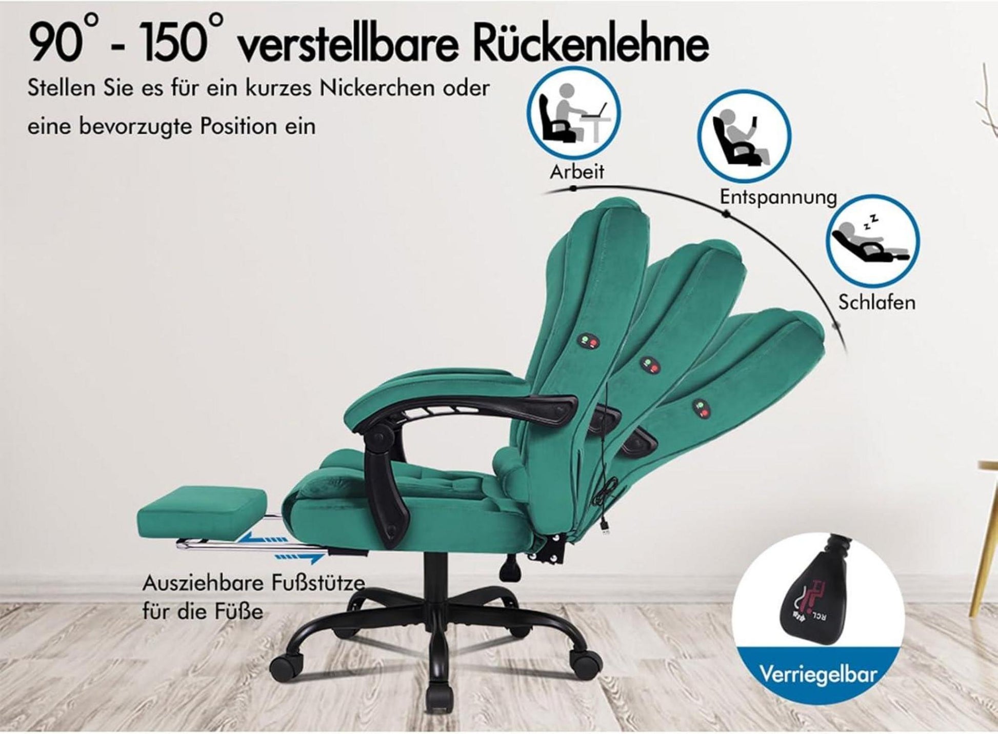 Bürostuhl mit Lordosenstütze, Massagefunktion, Fußstütze, Grün