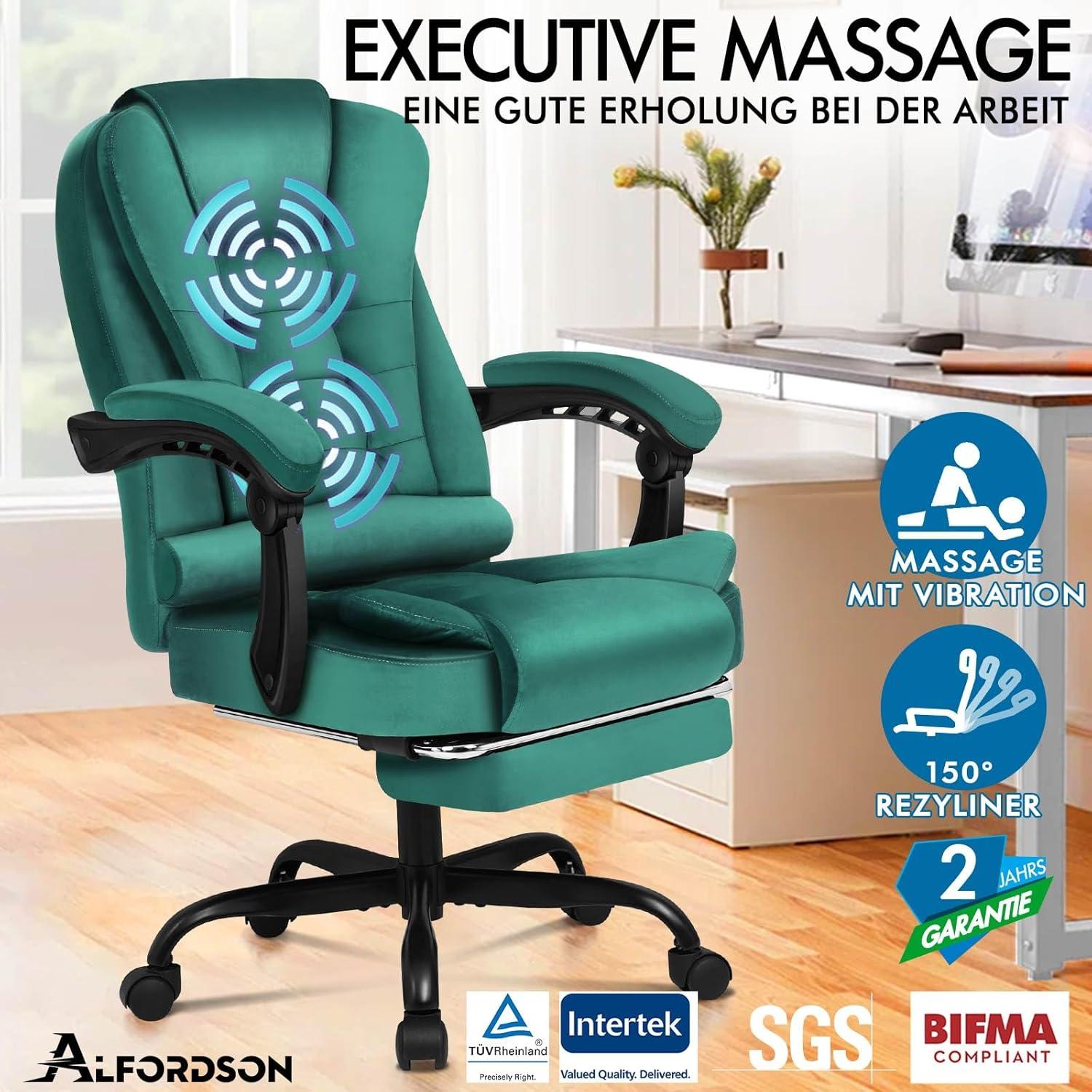 Bürostuhl mit Lordosenstütze, Massagefunktion, Fußstütze, Grün