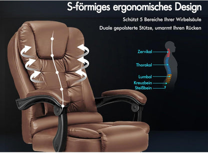 Ergonomischer Bürostuhl mit Massagefunktion und Fußstütze, Braun