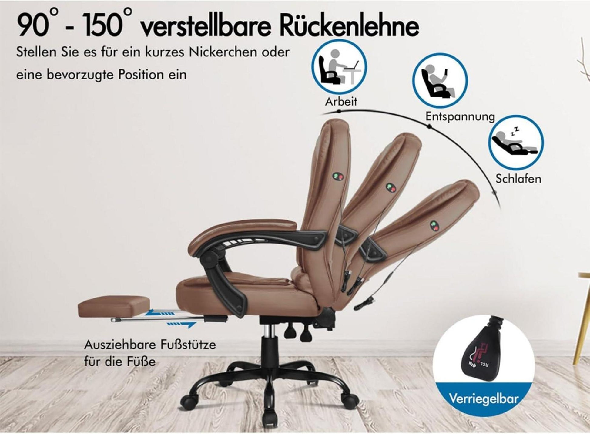 Ergonomischer Bürostuhl mit Massagefunktion und Fußstütze, Leder, Braun