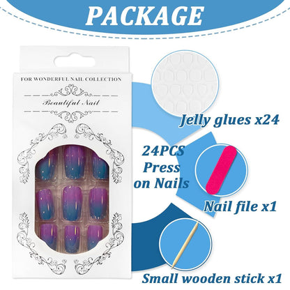 24x Künstliche Nägel Acryl Blau Lila Farbverlauf Press on Nails Magnetisch