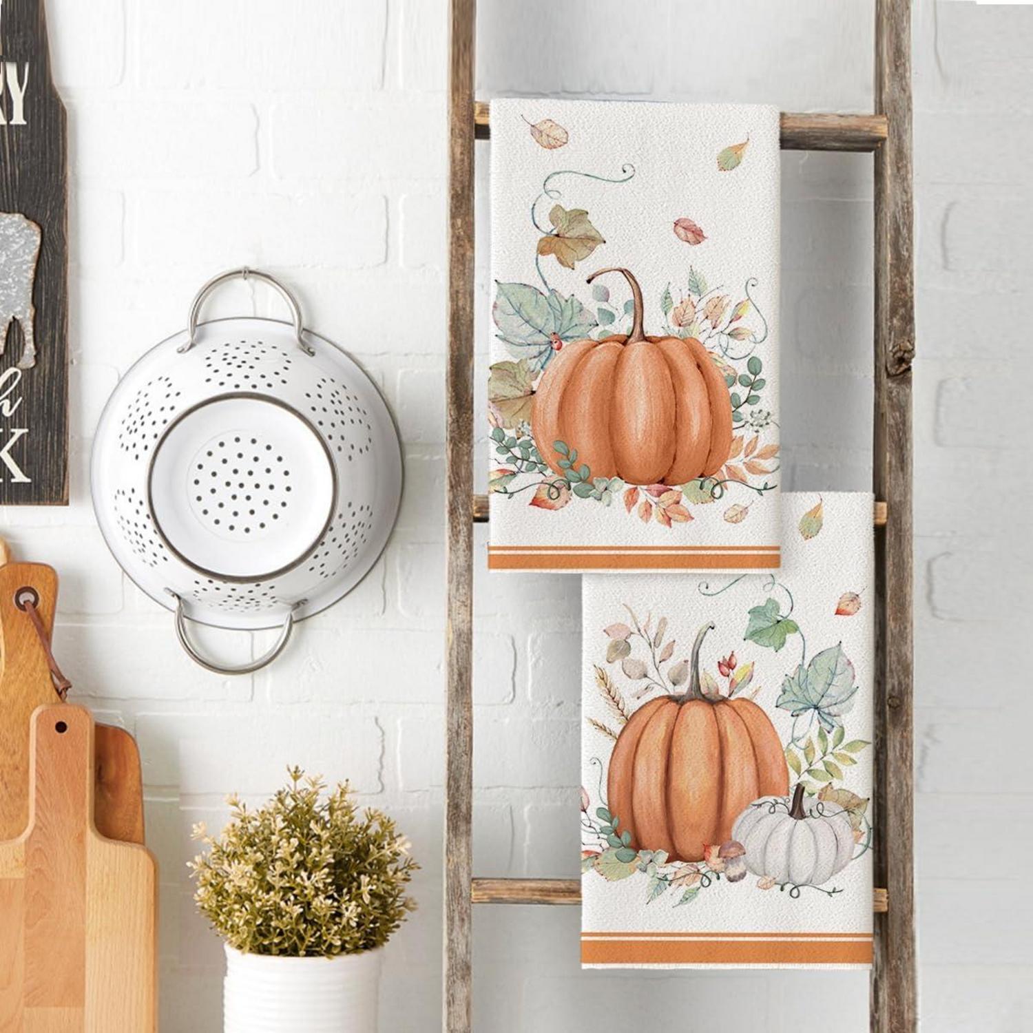 Herbst Kürbisse Blätter Küchentücher Set 42x65 cm Orange