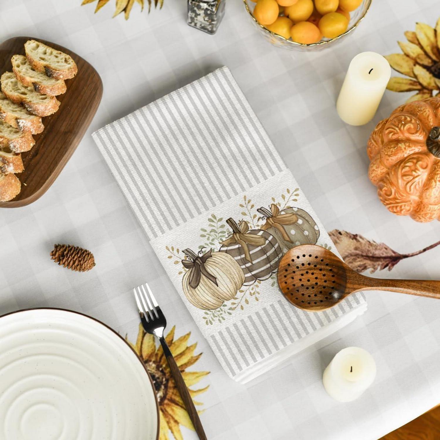 Herbst Küchentücher 2er Set 42x65 cm Ahornblätter Kürbisse Streifen