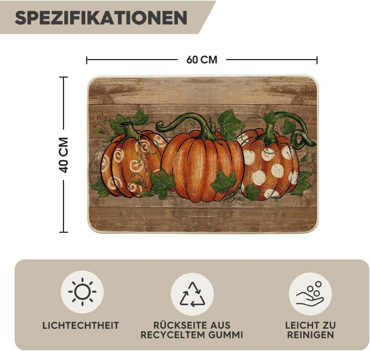 Herbst Fußmatte Kürbisse Blätter Deko Teppich Innen Außen 40x60 cm