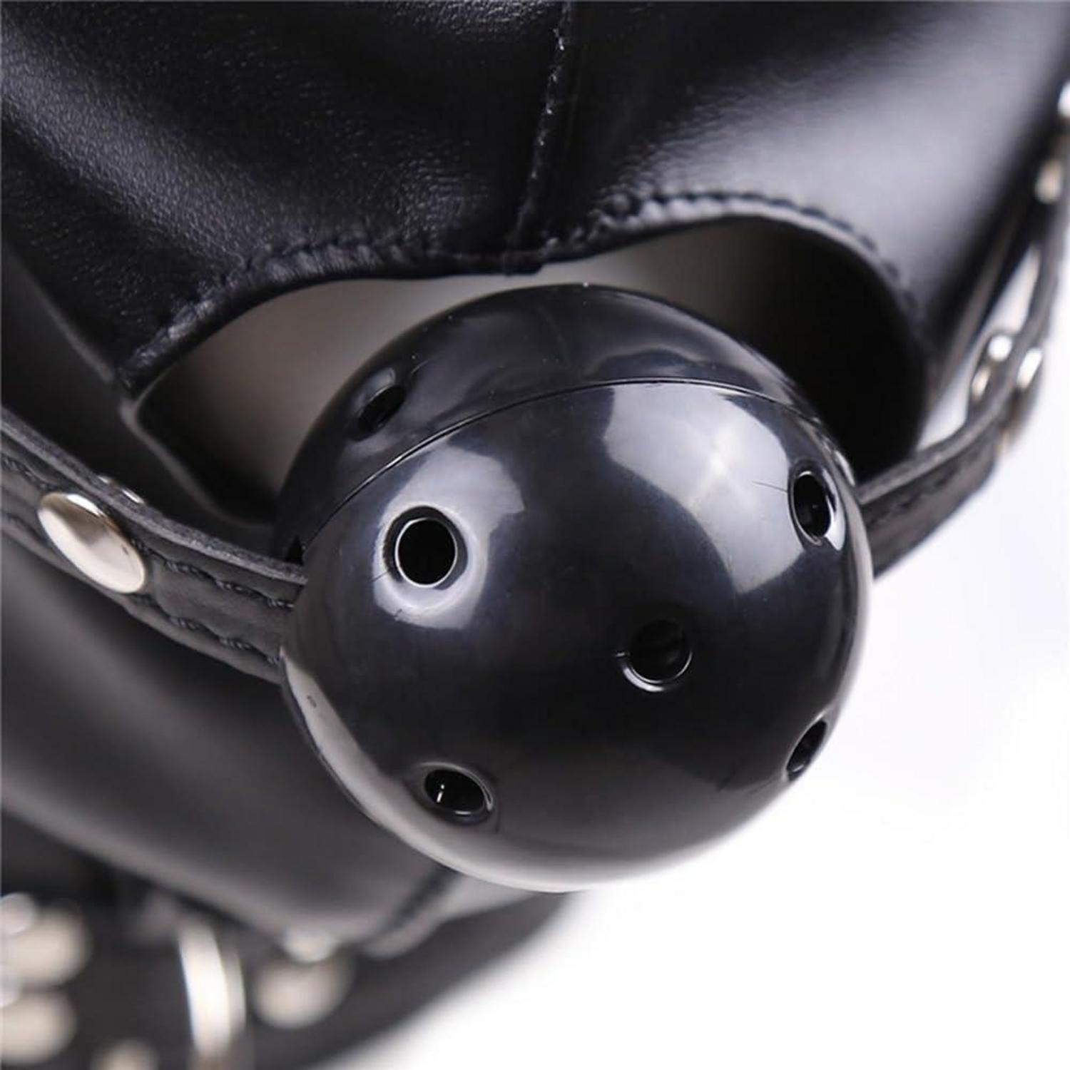 BDSM Kopfmaske Breathable Knebel Ball SM Bondage Ledermaske Schwarz