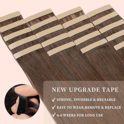 Echthaar Tape Extensions 60cm Schokoladenbraun mit Dunkelrotbraun