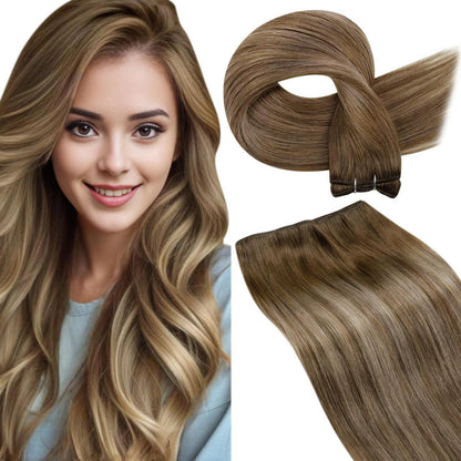 Echthaar Tressen zum Einnähen Balayage Braun Ombre Goldblond