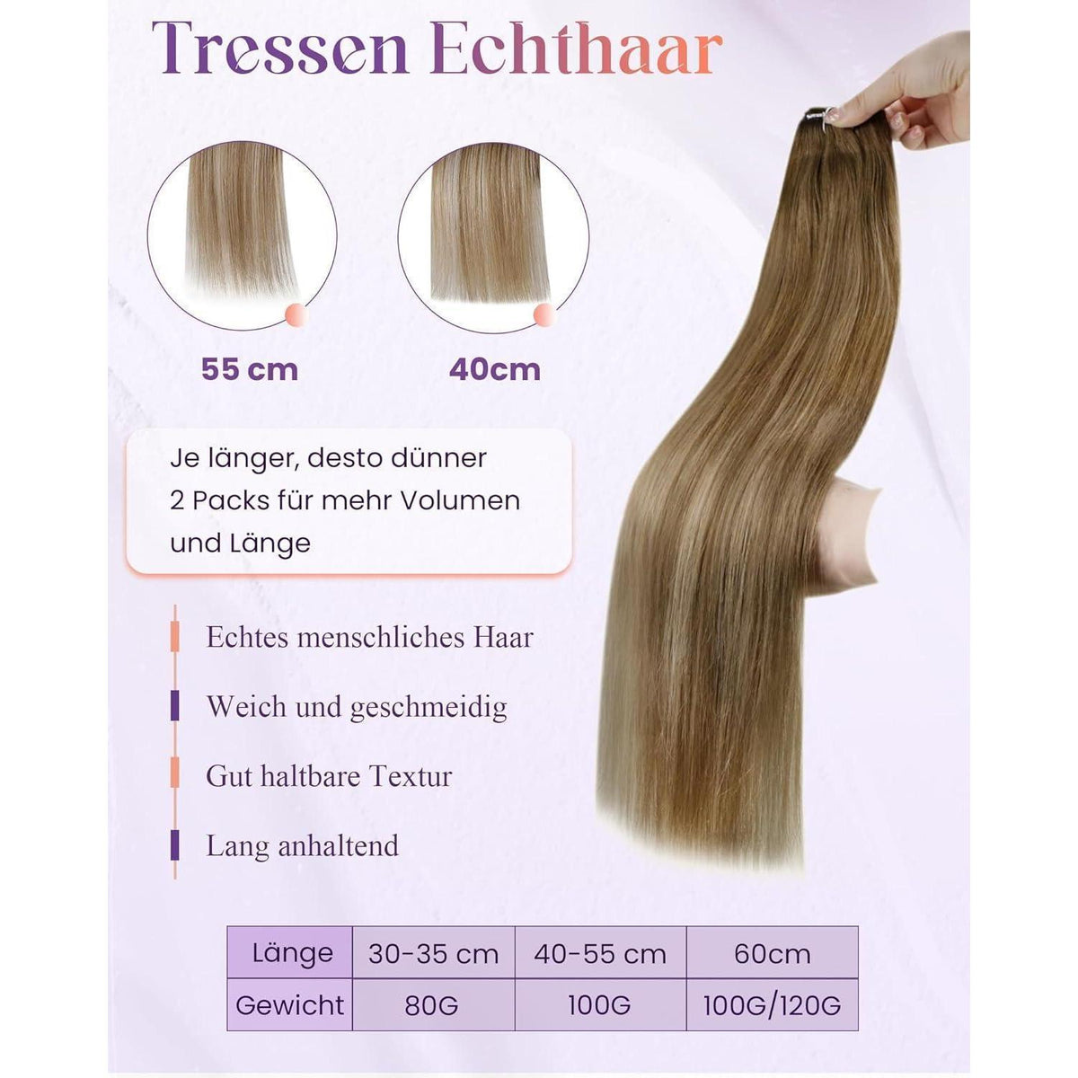 Echthaar Tressen zum Einnähen Balayage Braun Ombre Goldblond