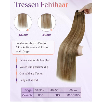 Echthaar Tressen zum Einnähen Balayage Braun Ombre Goldblond