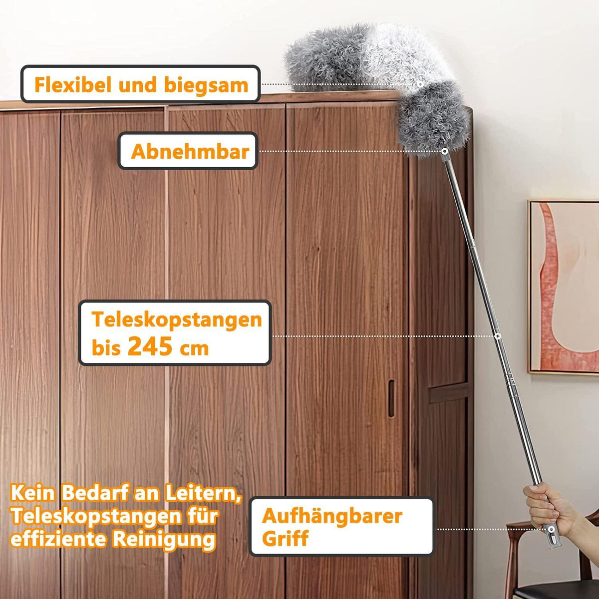 Staubwedel Teleskop ausziehbar 2,45m Biegbar Spinnwebenbesen