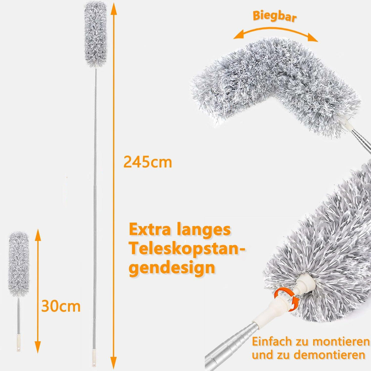 Teleskop Staubwedel 2,45m lang ausziehbar waschbar Grau