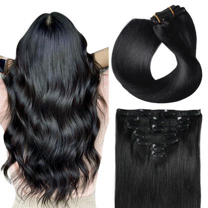 Echthaar Clip-In Extensions Gerade #1 Tief Schwarz 45cm