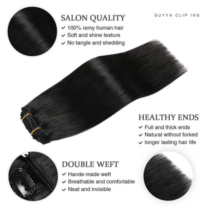 Echthaar Clip-In Extensions Gerade #1 Tief Schwarz 45cm