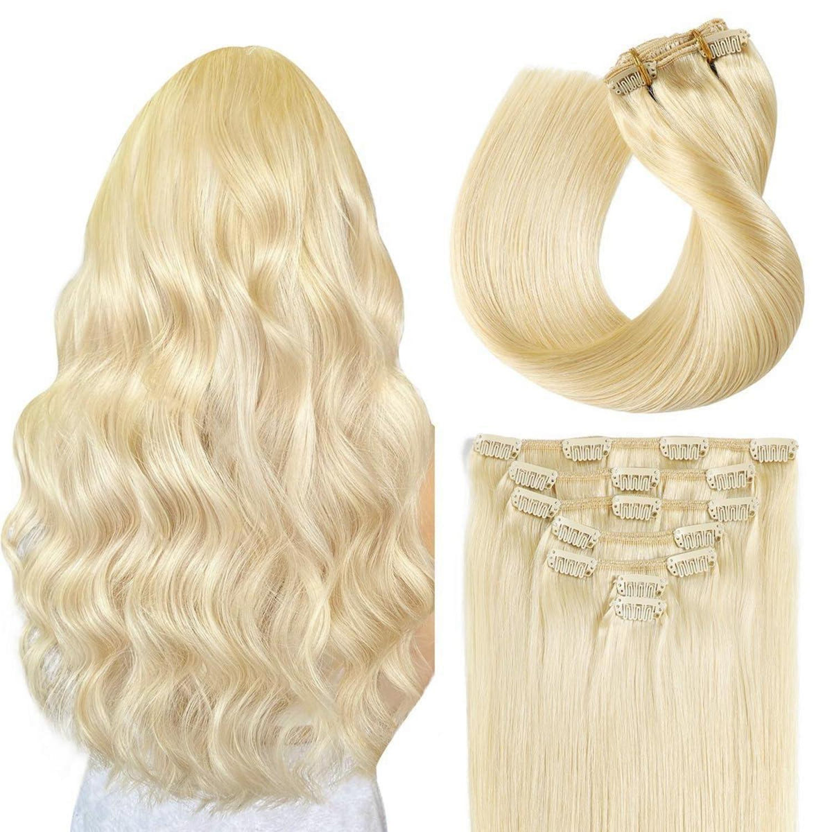 Echthaar Clip-in Extensions Gerade #613 Bleichblond 50cm