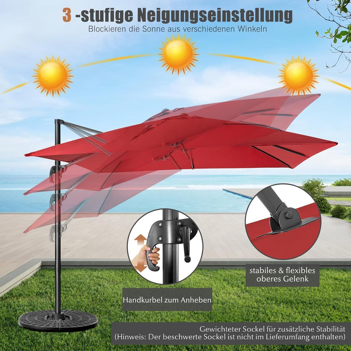 Ampelschirm Ø300cm Weinrot mit Kurbel & 360° Drehung