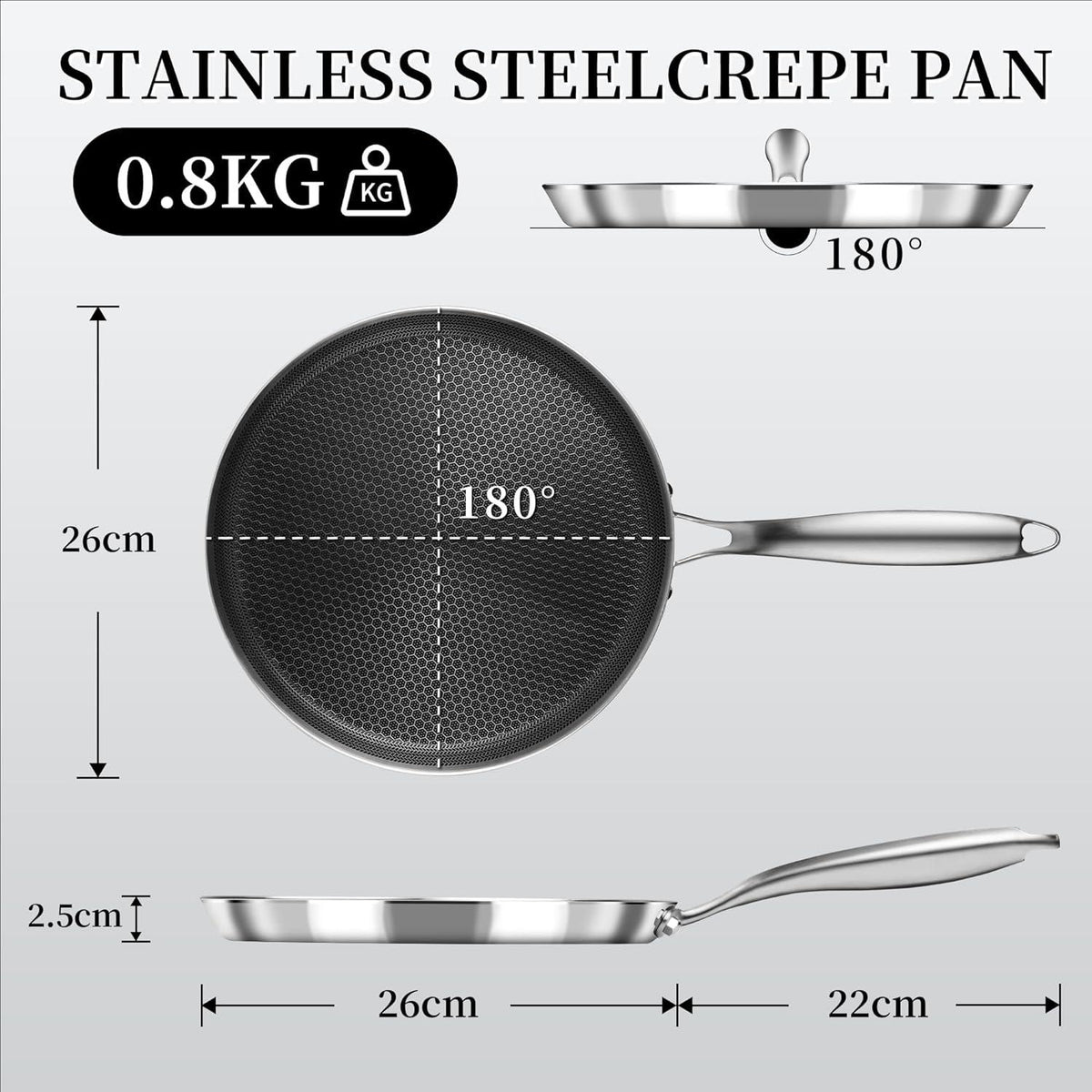 Crepe Pfanne 26 cm Edelstahl Antihaftbeschichtung Induktion Silber