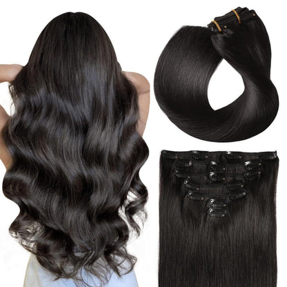 Echthaar Clip-in Extensions Gerade Schwarz 45cm