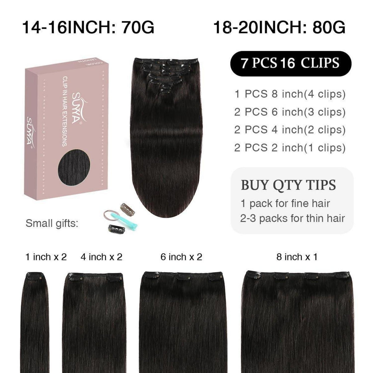 Echthaar Clip-in Extensions Gerade Schwarz 45cm