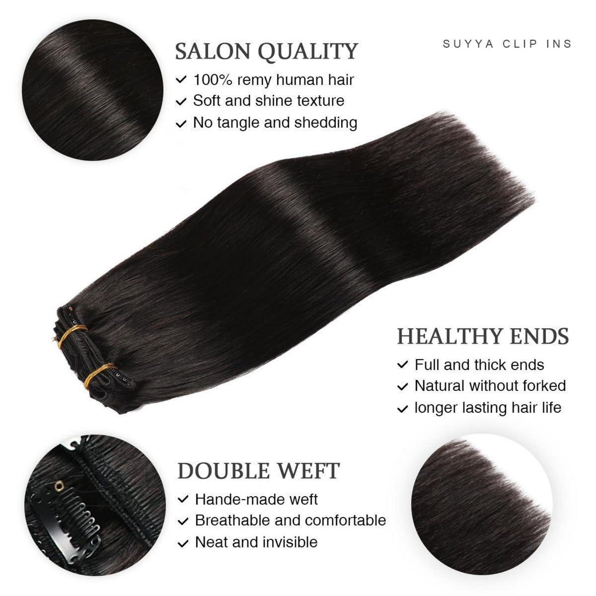 Echthaar Clip-in Extensions Gerade Schwarz 45cm