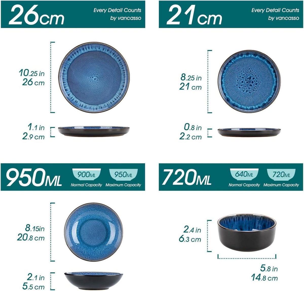 Tafelservice 6 Personen Blau Steingut 24tlg Geschirrset