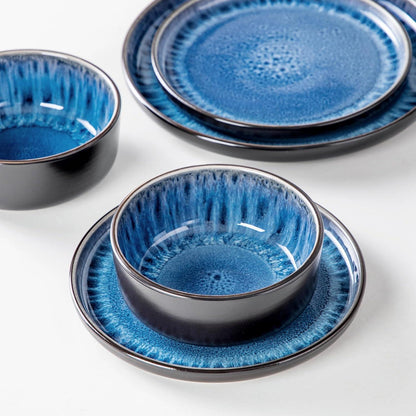 24tlg. Geschirr Set Blau, Tafelservice 6 Personen, Steingut Vintage Design
