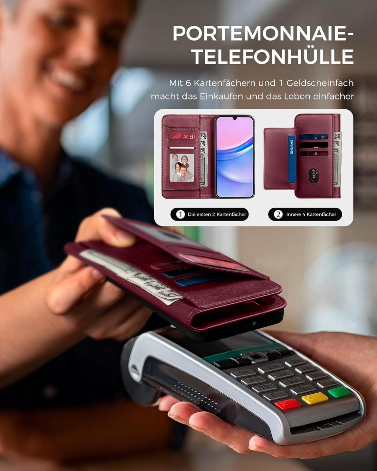 Handyhülle Samsung Galaxy A15 5G Weinrot RFID Magnet Standfunktion
