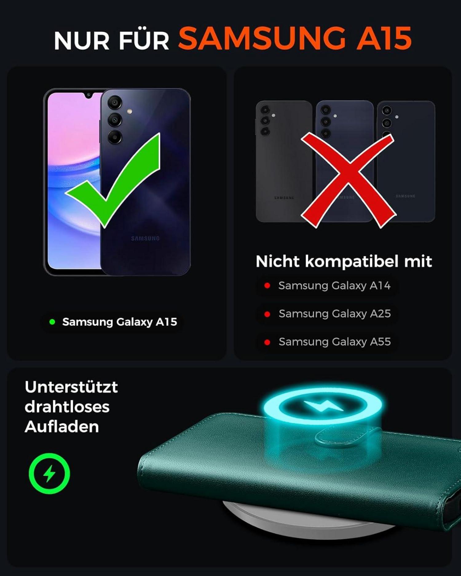 Samsung Galaxy A15 Handyhülle Schutzglas Kartenfächer Grün