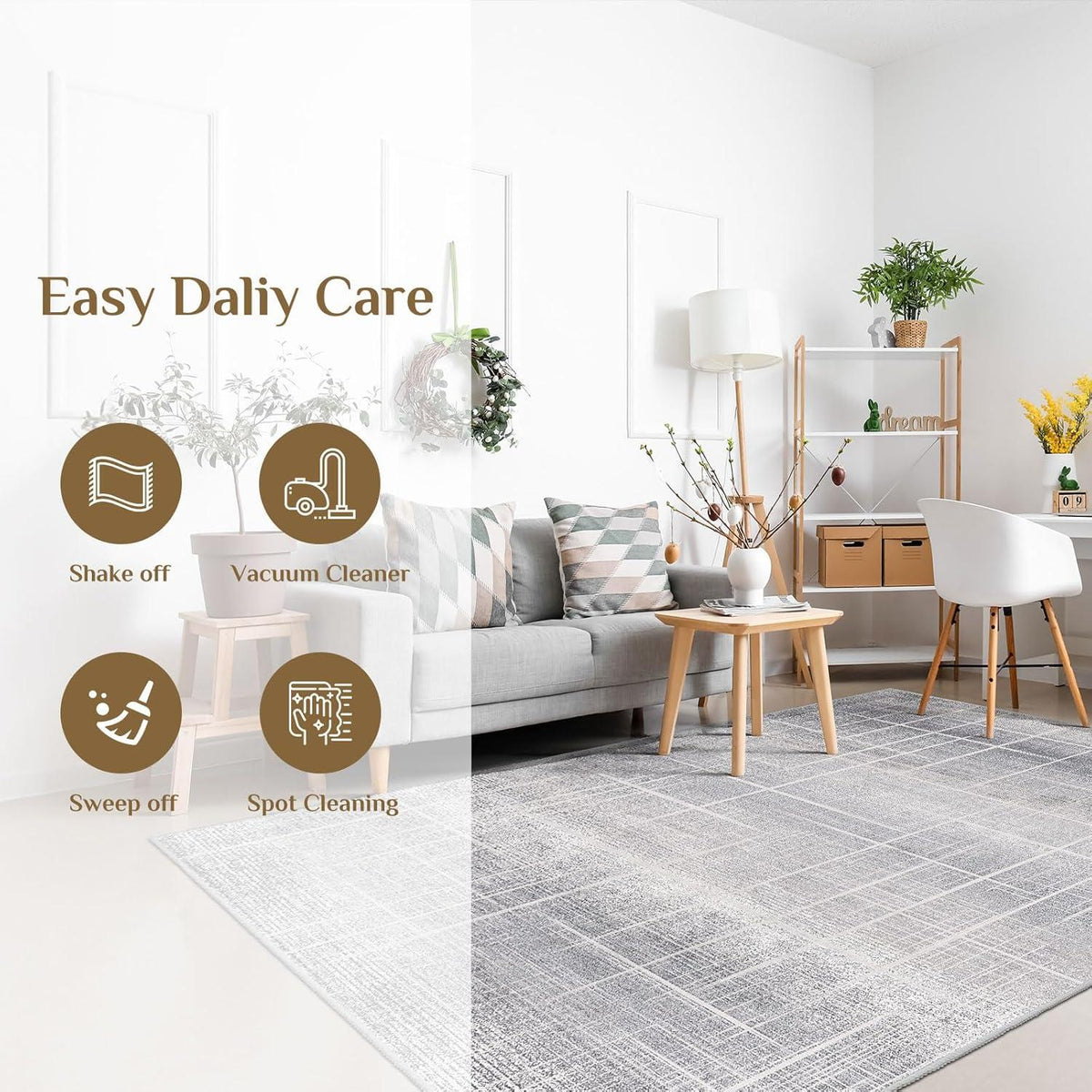 Teppich Wohnzimmer Moderner Kurzflor Anti-Rutsch 200x300 Beige Grau
