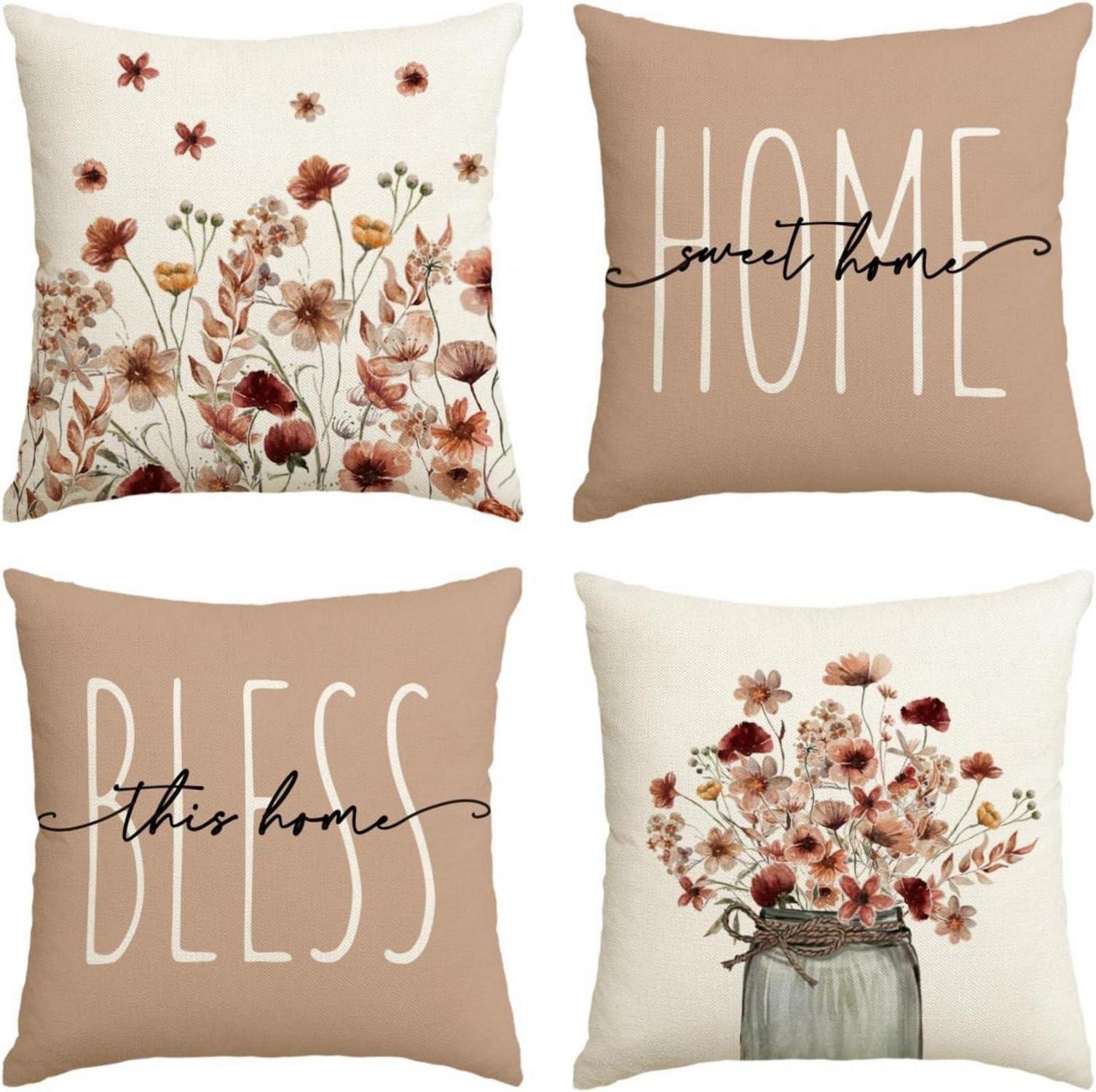 Artoid Herbst Kissenbezüge Blumen Blätter Vase 4er Set 40x40 cm Braun