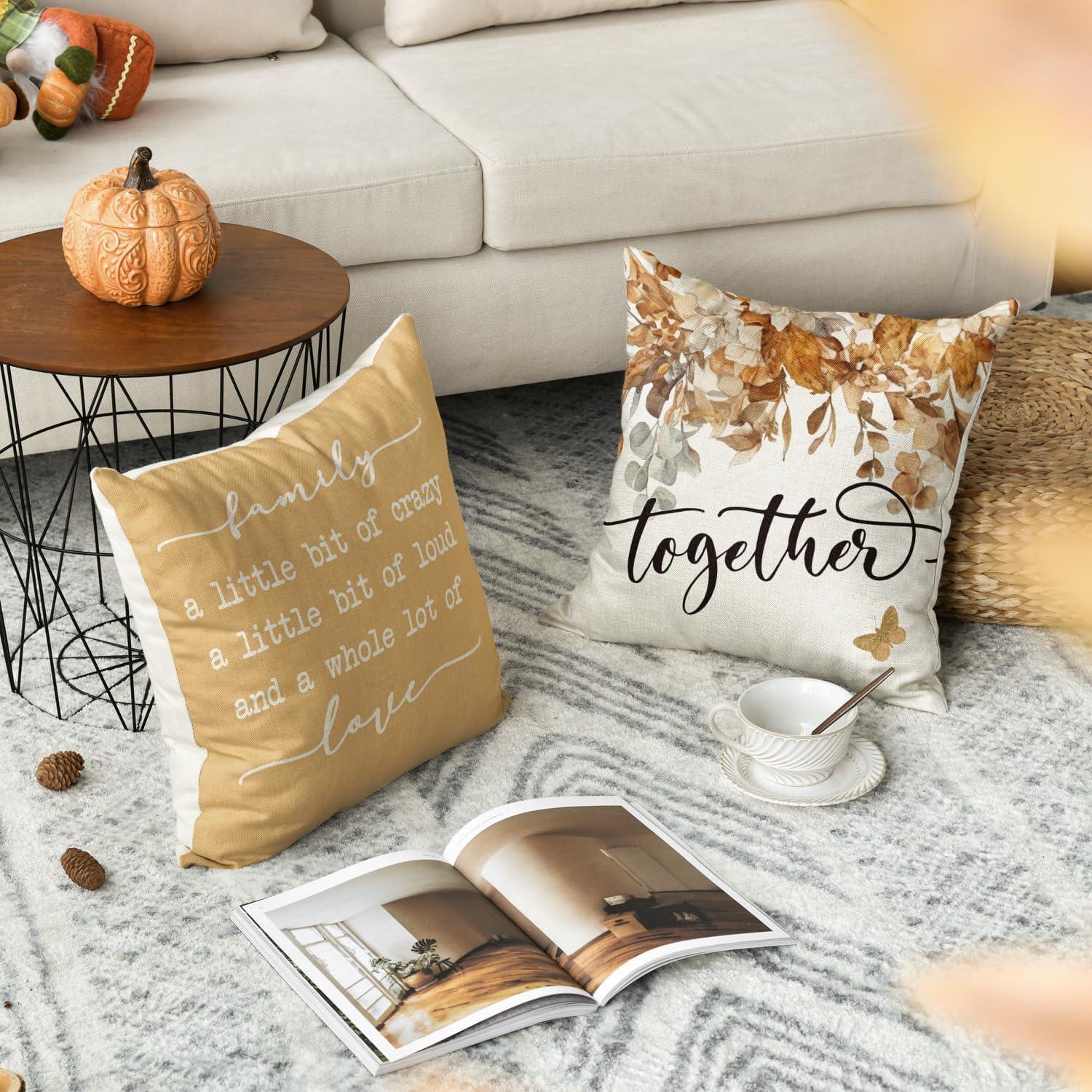 Herbst Kissenbezüge 4er Set Eukalyptus Blätter Gelb 40x40 cm