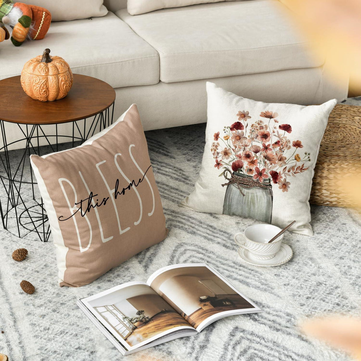 Herbst Blumen Blätter Vase Kissenbezüge 4er Set 50x50cm Braun