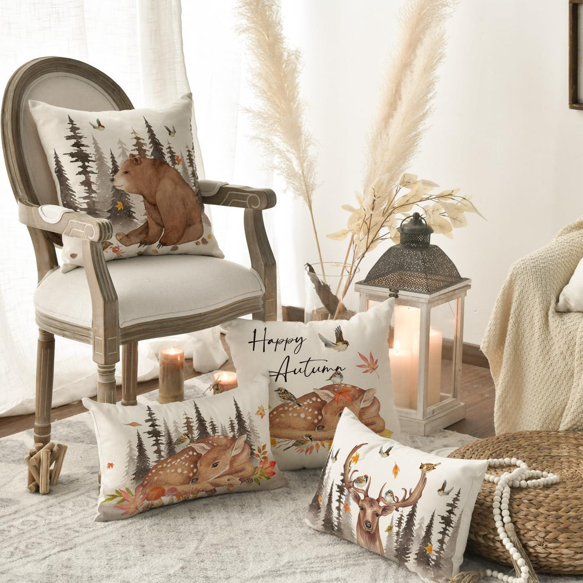 Herbst Kissenbezüge 4er Set 40x40 cm Wildtiere Zierkissenbezug Beige