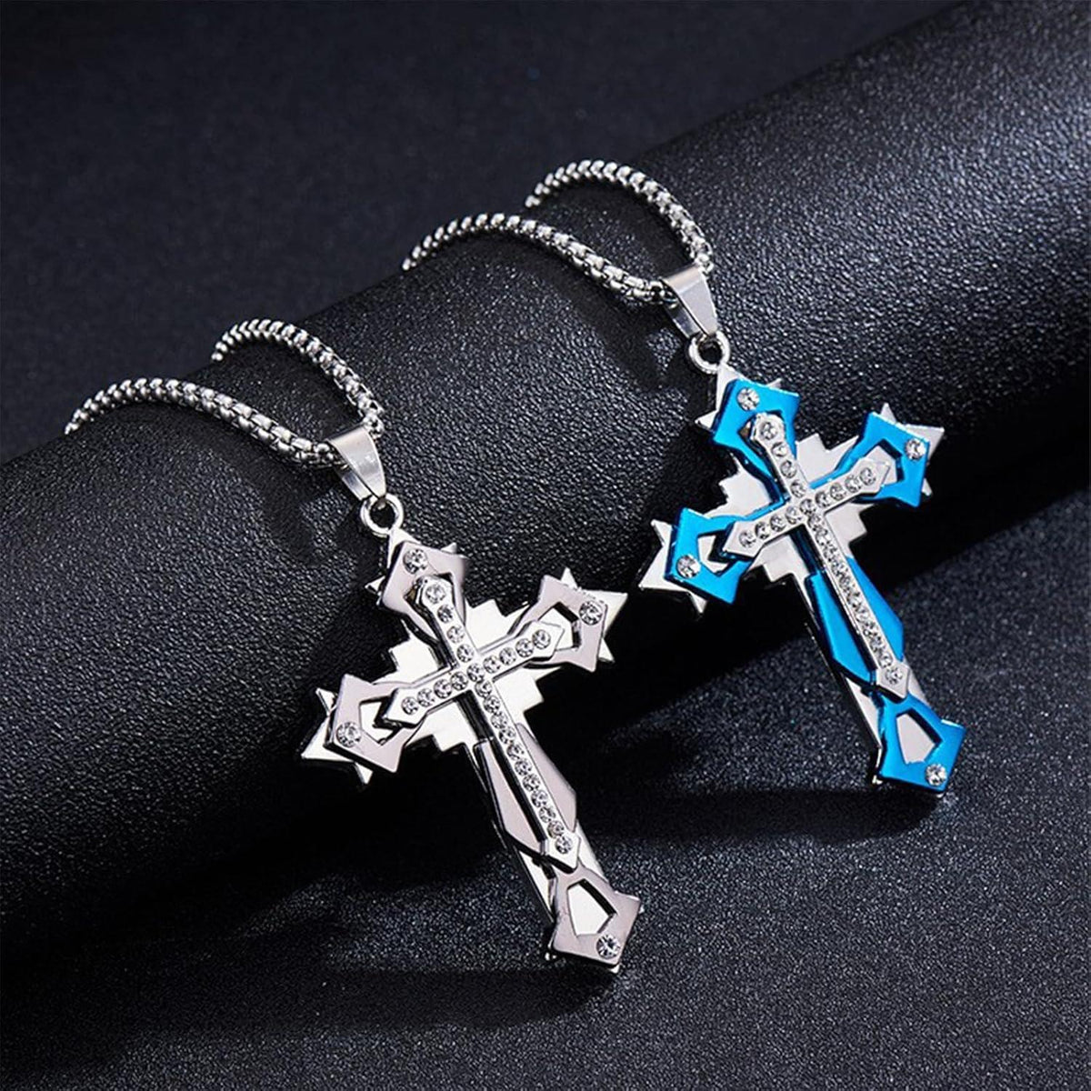 Herren Kreuz Anhänger Halskette Zirkonia Edelstahl 60cm Gold Schwarz Blau