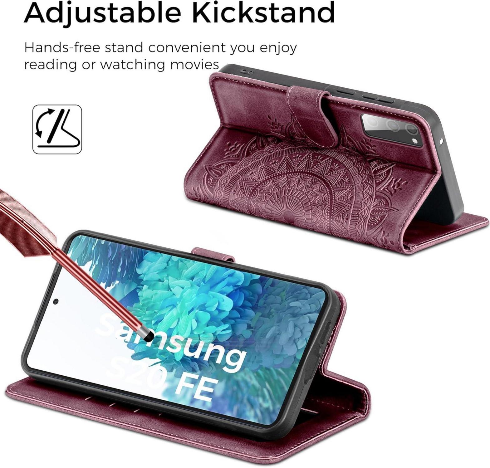 Hülle für Samsung Galaxy S20 FE, Flip Wallet PU Leder Case Weinrot