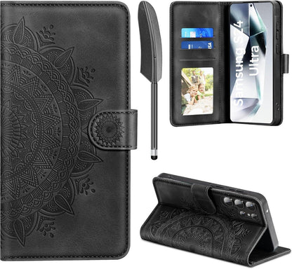Schwarze PU-Leder Handyhülle für Samsung S24 Ultra Flip Wallet Case