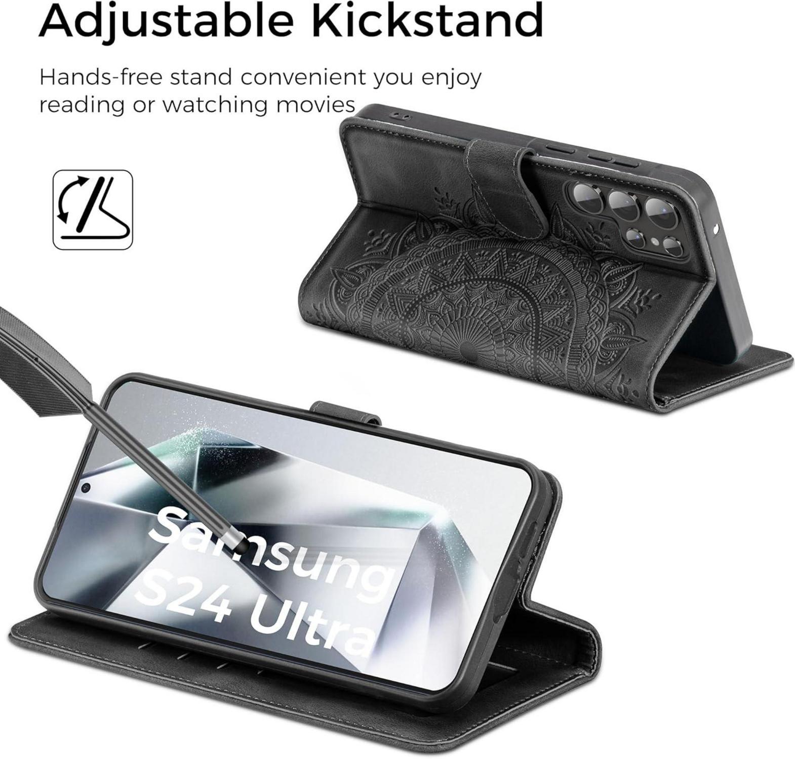 Schwarze PU-Leder Handyhülle für Samsung S24 Ultra Flip Wallet Case