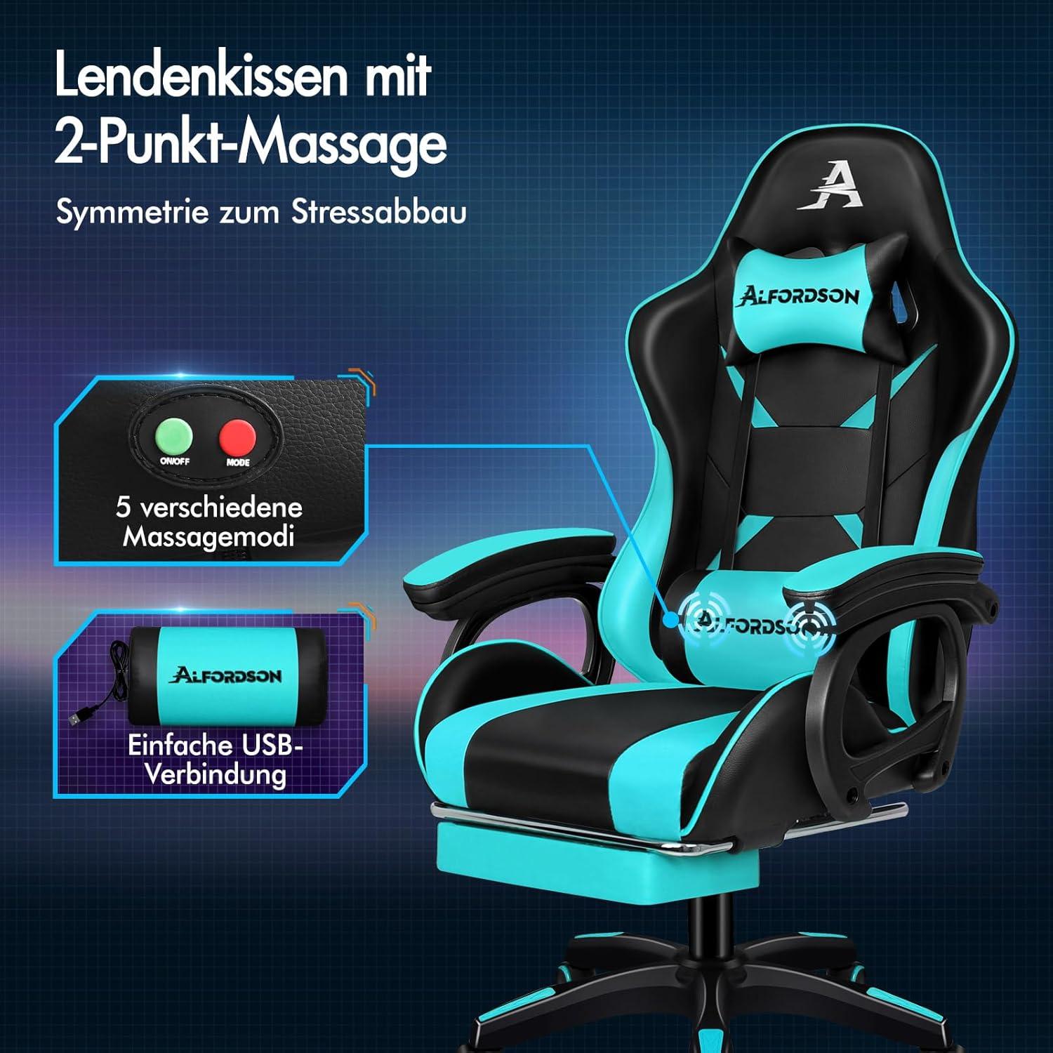 Ergonomischer Gaming-Stuhl mit Massage Lendenkissen höhenverstellbar - Cyan