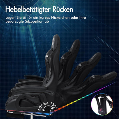 Gaming Stuhl mit Massage Lendenkissen Höhenverstellbar PU-Leder Schwarz