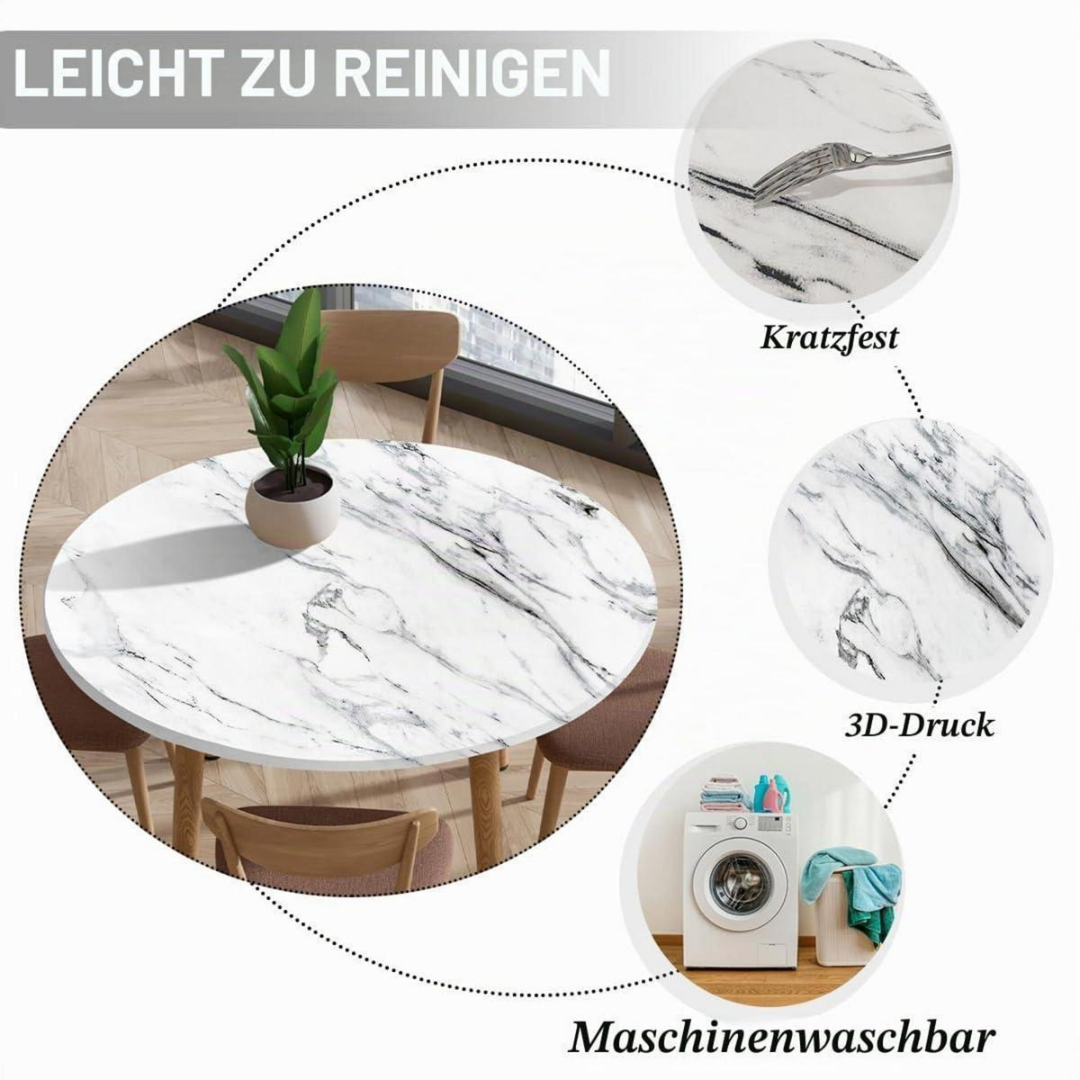 Runde Tischdecke abwaschbar 80cm – Elastisch, Marmoroptik