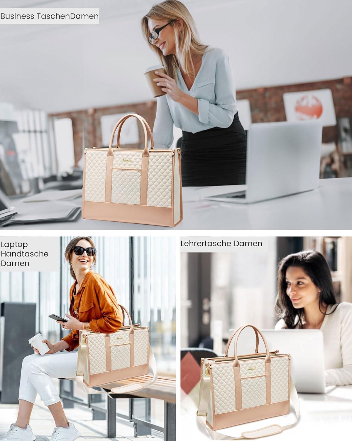 Damen Laptoptasche 15,6 Zoll beige wasserdicht mit Schulterriemen