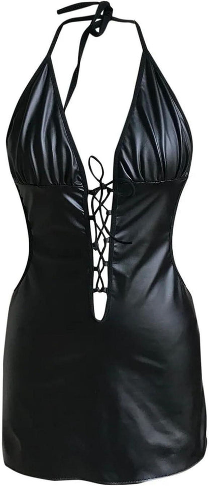 Sexy Leder Wetlook Partykleid V-Ausschnitt Reizwäsche